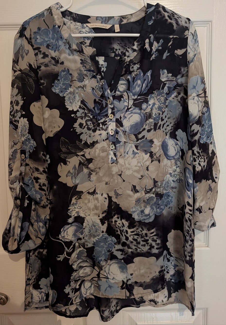 Soft Surroundings Black and Cream Floral Blouse